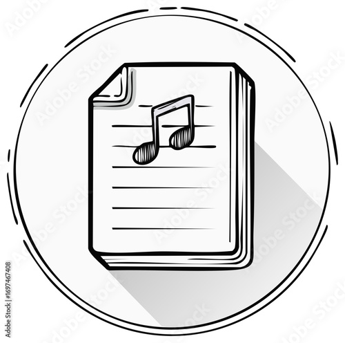 Hand-drawn musical notes on a lined sheet of paper inside a circle