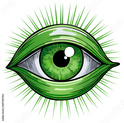 Stylized green all seeing eye with radiating light beams graphic illustration