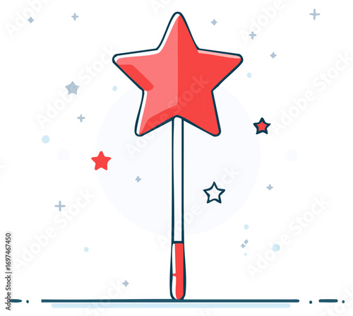 Red star magic wand icon with sparkles in a simple cartoon line art style