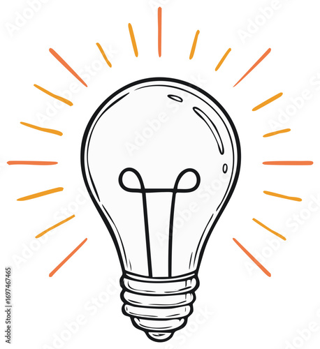 Hand-drawn light bulb symbolizing a bright idea or inspiration with radiating lines