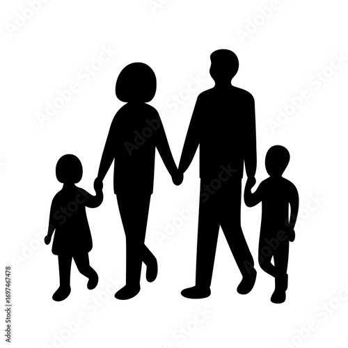 Silhouette of family holding hands and walking forward together happily in unity