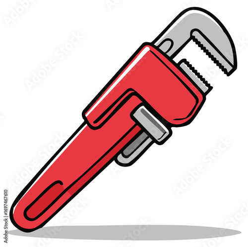Graphic illustration of a vibrant red pipe wrench, an essential tool for plumbing, repair, and construction tasks