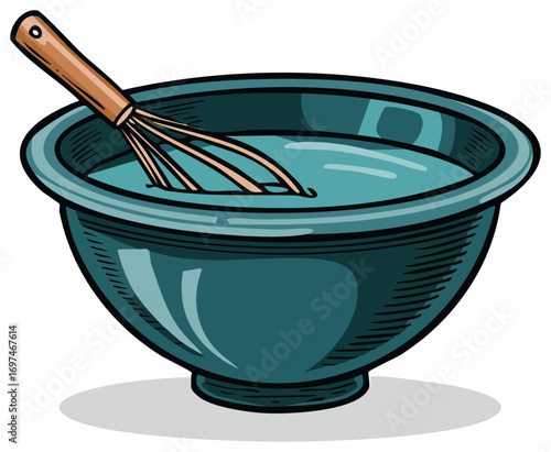 Comic style vector illustration of a kitchen whisk mixing liquid batter in a ceramic bowl
