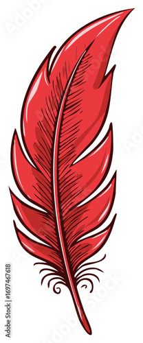 Stylized red feather illustration, avian plume, quill graphic element