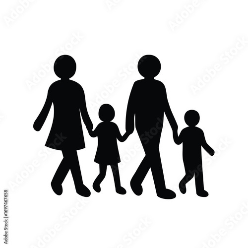 Stylized Silhouette Depiction of a Family of Four Walking Together Happily
