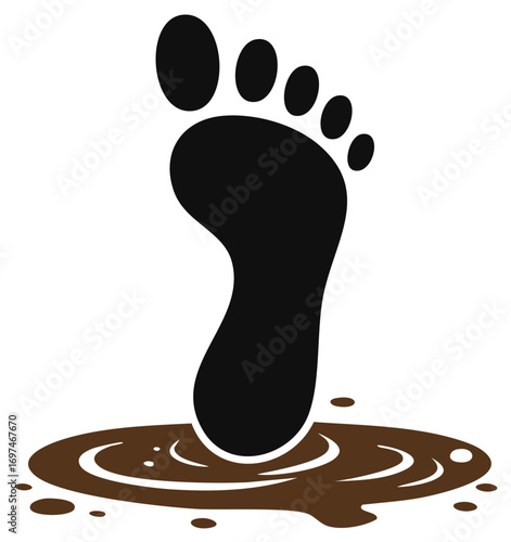 Black footprint stepping into mud or puddle, illustration representing environmentalism