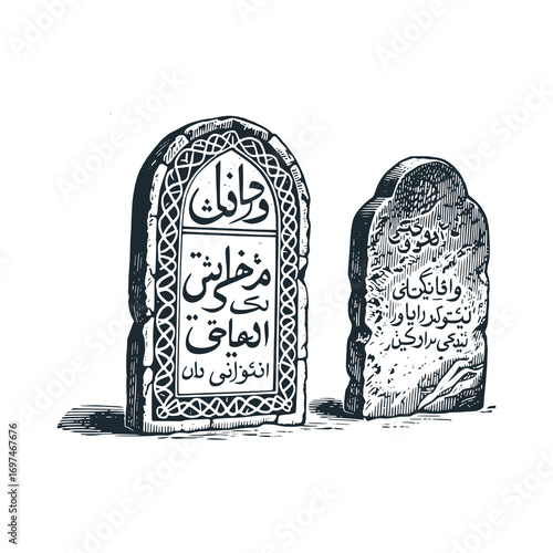 Muslim gravestones - Black white engraved illustration