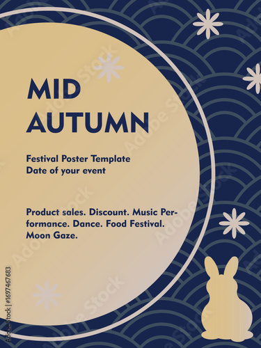 Mid Autumn seasonal promotion poster and advertising templates. with moon circle, rabbit and wave pattern background. For event, festival, sale, store discount and greetings
