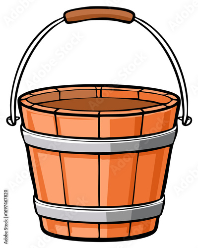 Old fashioned wooden pail with metal hoops and curved handle cartoon illustration