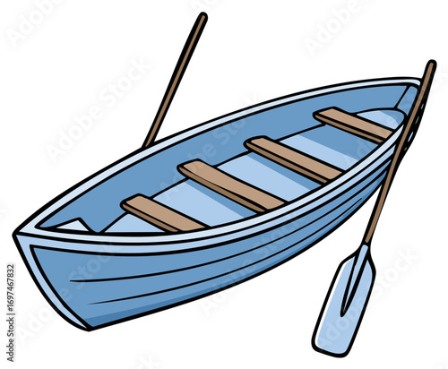 Simple cartoon illustration of a blue rowboat with two wooden oars isolated on a white background