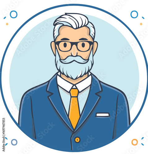 Professional mature man illustration with white hair beard and eyeglasses wearing blue suit yellow tie