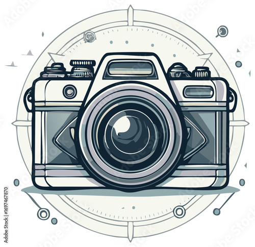 Stylish illustration of a camera surrounded by geometric shapes and a compass design emphasizing exploration and photography