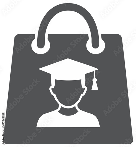 Graduate student in a shopping bag glyph icon for education costs and career concepts