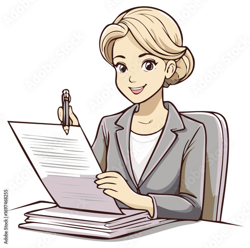 Smiling businesswoman signing documents at desk with pen, managing important paperwork