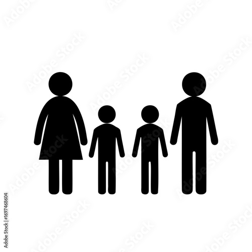 Stylized Family Portrait with Two Children, Simple Flat Design Illustration