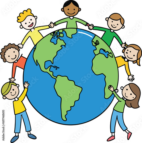 Vector illustration of children around the world holding a globe to represent a peaceful global concept of a united planet earth