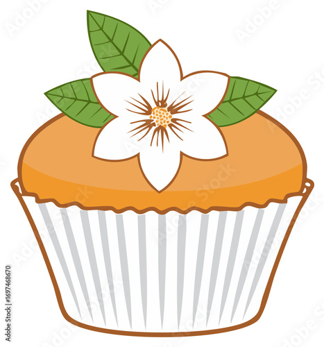 Orange Cupcake Topped with White Flower and Green Leaves Vector Illustration