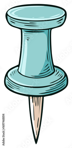 Hand-drawn Illustration of a Teal Push Pin with Sharp Metal Point for Bulletin Boards and Announcements