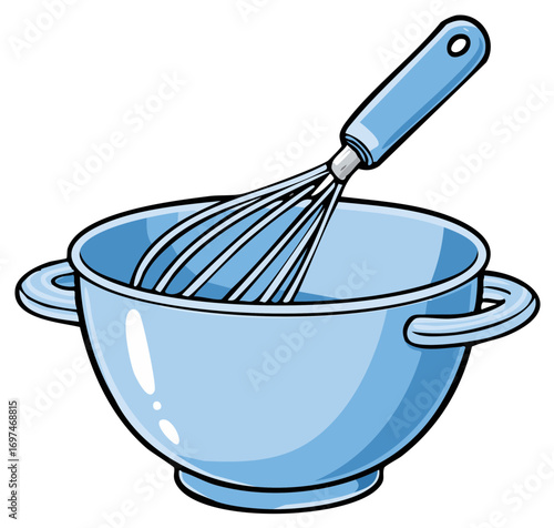 Blue metal mixing bowl with a blue handled whisk inside for baking preparation