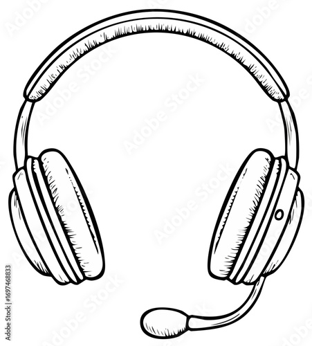 Headset with Microphone, Sketch Style Illustration, Headphones for Communication and Entertainment
