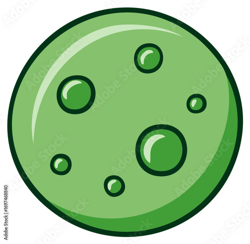 Cartoon green planet with craters and glossy surface illustration