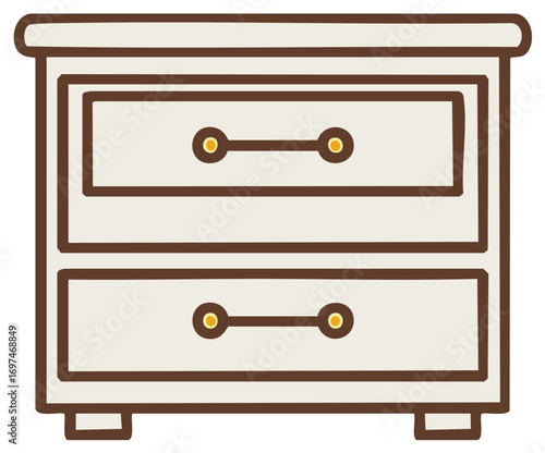 Simple Two Drawer Dresser Furniture Object With Brown Trim and Yellow Knobs