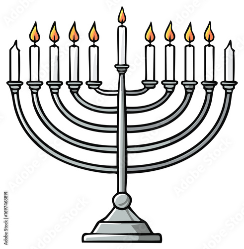 Silver Menorah With Nine Lit Candles Burning Brightly