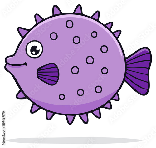 Cute cartoon pufferfish illustration with purple spikes and spots swimming