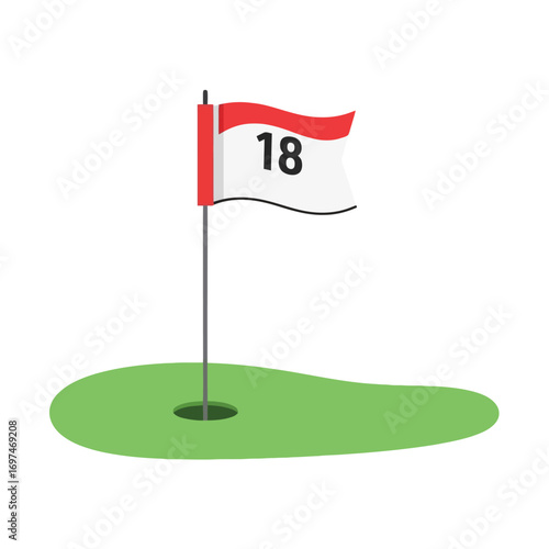 Minimalist Golf Course Illustration Featuring 18th Hole Flag, Green, and Hole. Ideal for sports-themed designs, golf event promotions, or instructional materials