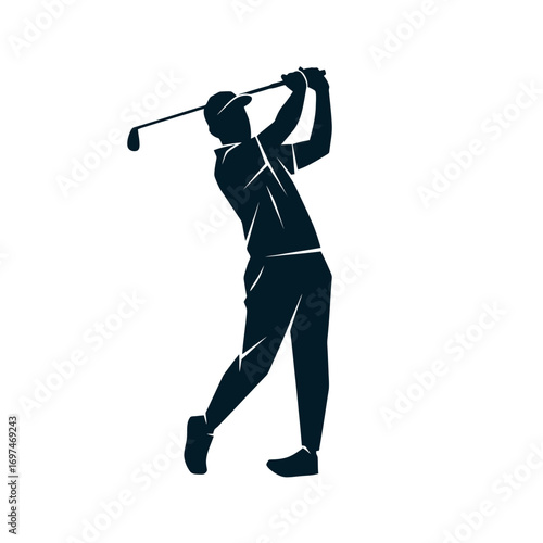 Silhouette of a golfer in mid-swing, showcasing athleticism and precision for use in sports marketing, golf course promotions, and athletic training materials