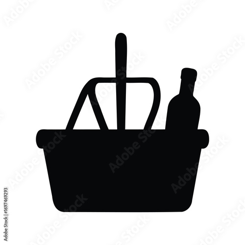 Black Silhouette of a Picnic Basket with Wine Bottle Ready for Outing