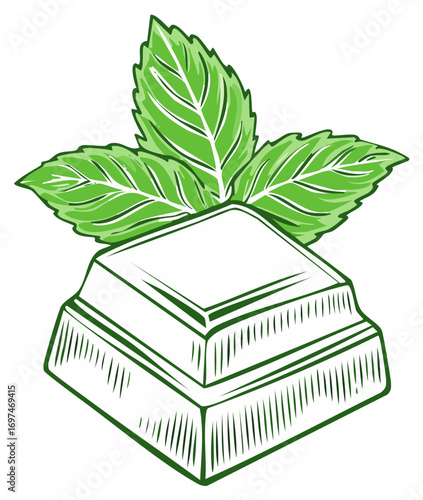 Vector illustration of a white chocolate square with fresh green mint leaves in a line art style