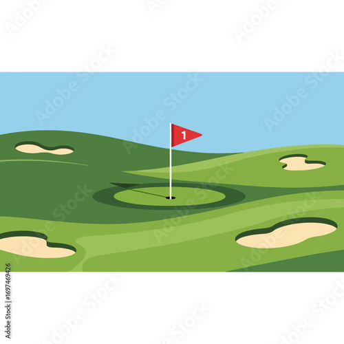 Golf Course Green Illustration with Flag and Bunkers. Ideal for depicting recreational sports, outdoor activities, or golf-related promotional materials.