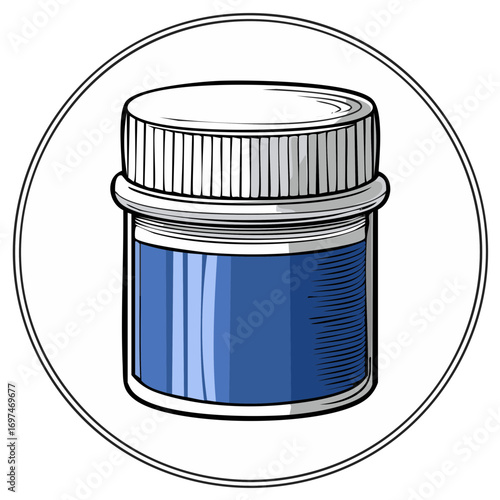Illustration of a blue pill bottle with a white cap inside a circular frame