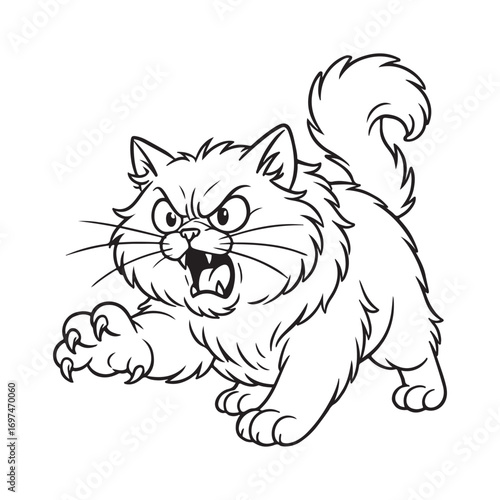 Line art of angry persian cat hissing and spreading its claws cartoon vector
