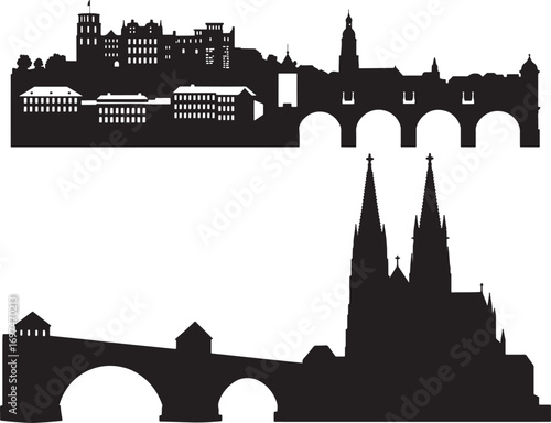 Two city skyline silhouettes with bridges vector trending microstock