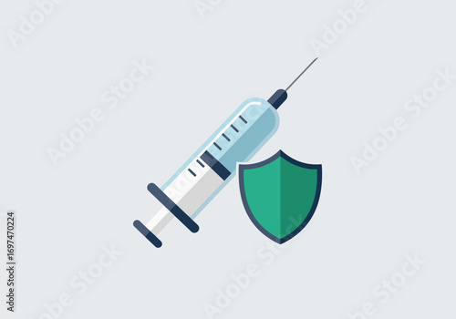A vector illustration showing a syringe with a needle and a shield icon, representing vaccination and protection.