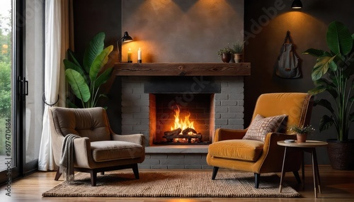 Cozy Living Room Fireplace Comfortable Armchair and Side Table, Perfect for Intimate Conversations, Soft Lighting, Warm and Inviting Atmosphere