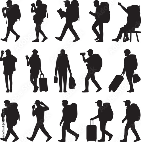 Silhouette collection of travelers with backpacks and luggage on white background Keywords