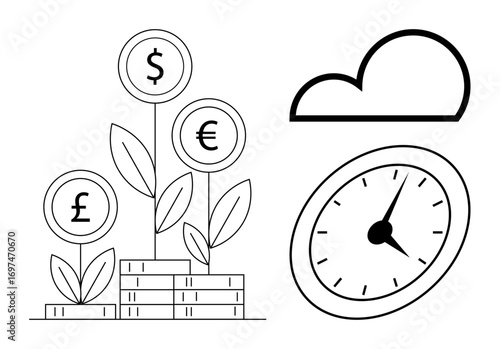 Currency plants growing from stack of coins, a clock symbolizing time, and a cloud for data or storage. Ideal for investment, finance, savings, growth, time value, wealth and digital economy simple