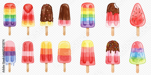 A collection of colorful, illustrated popsicles with various flavors and toppings on a transparent background.