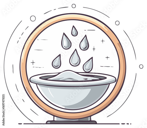 Illustration: Water Droplets Falling into a Bowl Inside a Circular Frame, Purity and Cleansing Concept