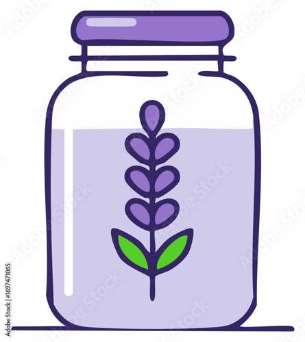 Decorative glass jar with lavender sprig containing liquid for aromatic infusions and herbal teas, handcrafted style.