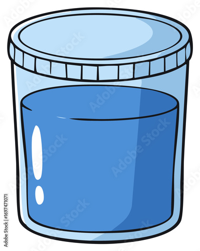 Cartoon illustration of a clear plastic container with a lid filled with light blue liquid