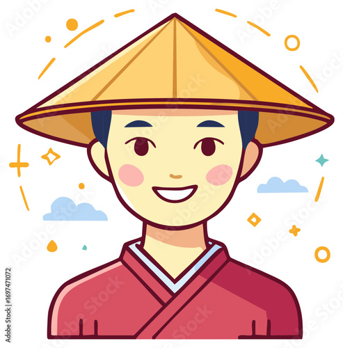 Cute cartoon illustration of a smiling Asian man wearing a traditional conical hat and robe