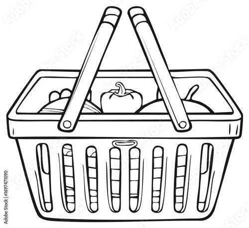 Line art drawing of a shopping basket brimming with fresh fruits and vegetables perfect for healthy eating and grocery shopping
