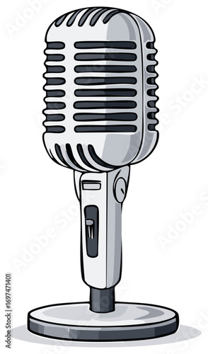 Retro microphone illustration with switch for music or podcast production and broadcast