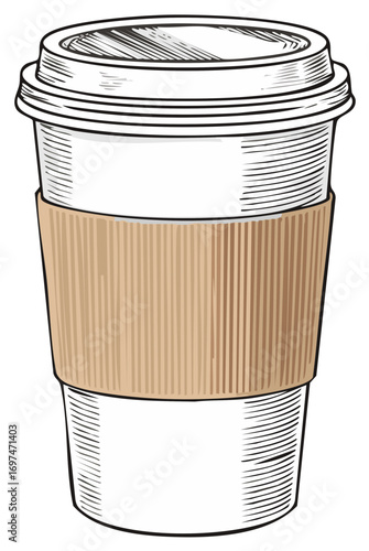 Coffee cup sketch art with lid and paper sleeve graphic vector