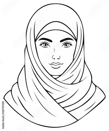 Beautiful Muslim woman wearing a hijab, black and white line art portrait illustration