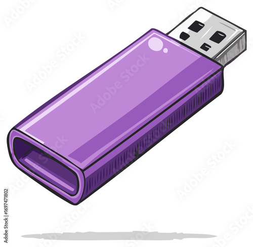 Illustrated USB drive in purple color, graphic design element with a drop shadow, isolated